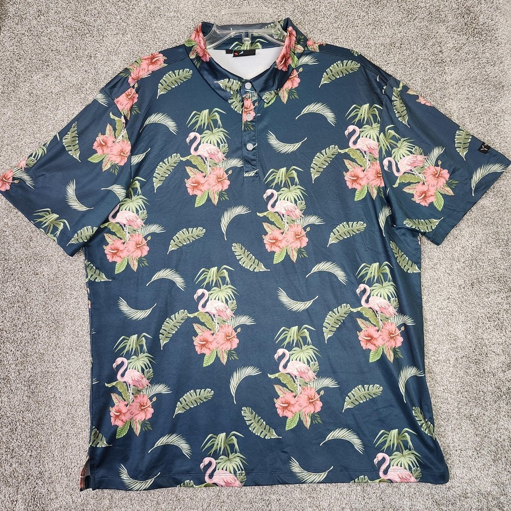 Yatta Golf Polo Shirt Mens XL Blue Flamingo Floral Tropical Print Performance